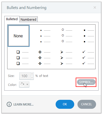 Click Symbol option edited