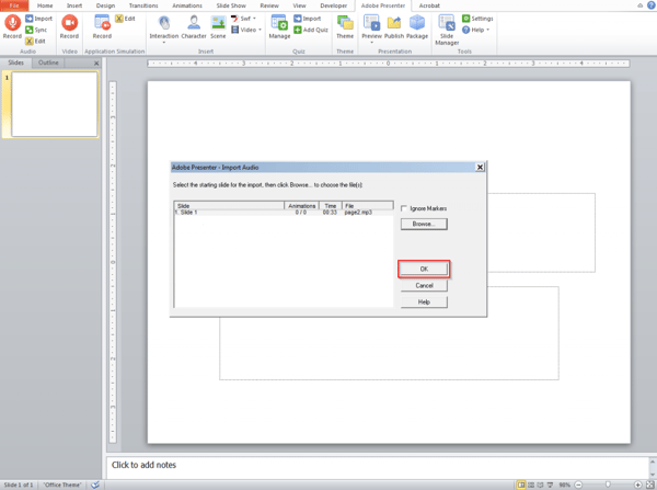 After importing the audio click ok
