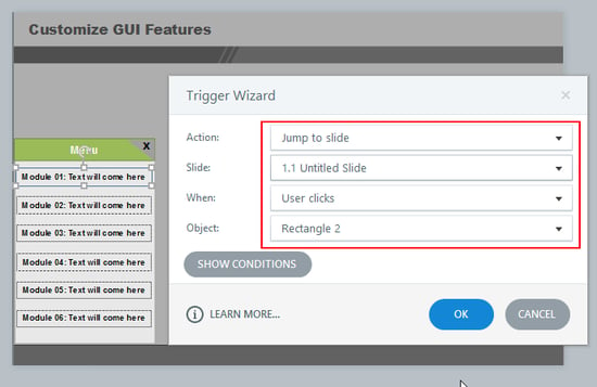 Assign a trigger to jump the menu slide Step3