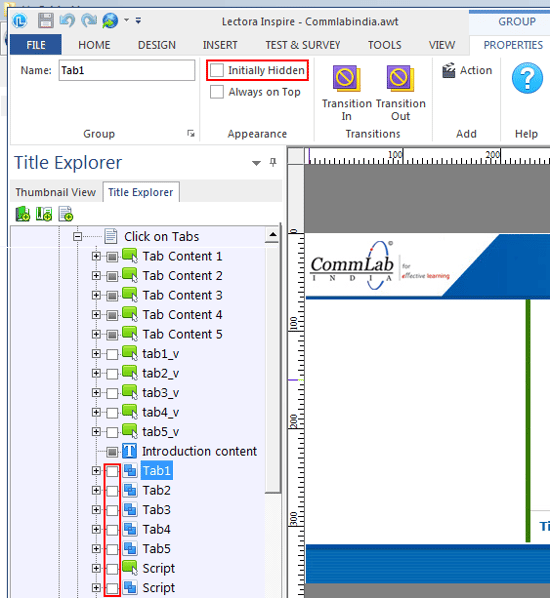 Click the rectangle eye icon in the Title Explorer