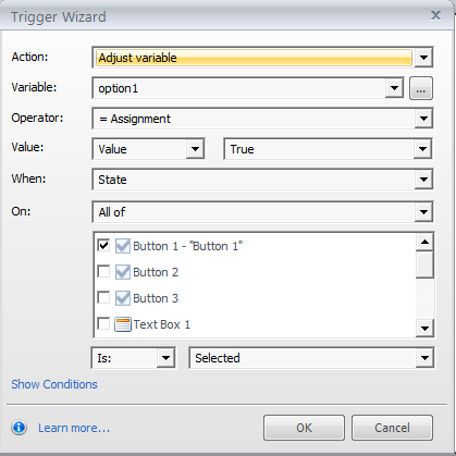 Create triggers for the options variables option1