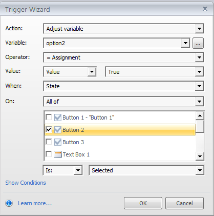 Create triggers for the options variables option2