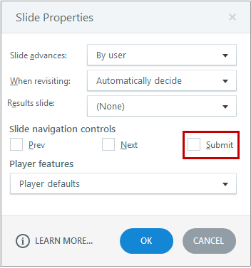 Deselect the Submit button checkbox in Slide Properties.