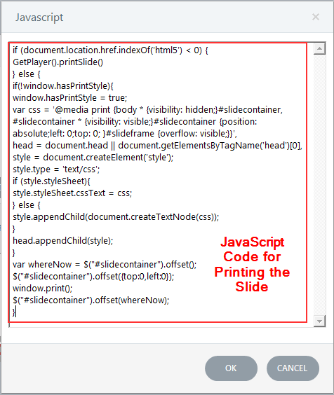 Javascript code for printing slide
