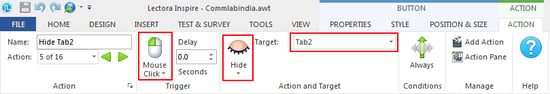 On Mouse Click, Hide Tab 2, Tab 3, Tab 4, and Tab 5.