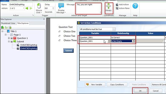 Set “action” properties when the question is correct