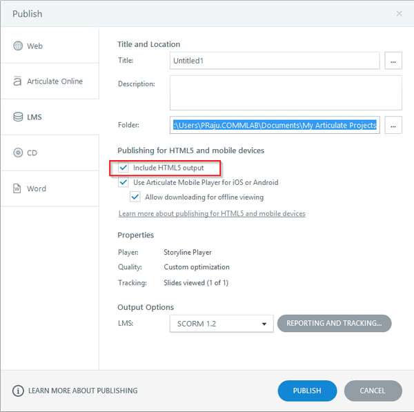 Publish options in Articulate Storyline