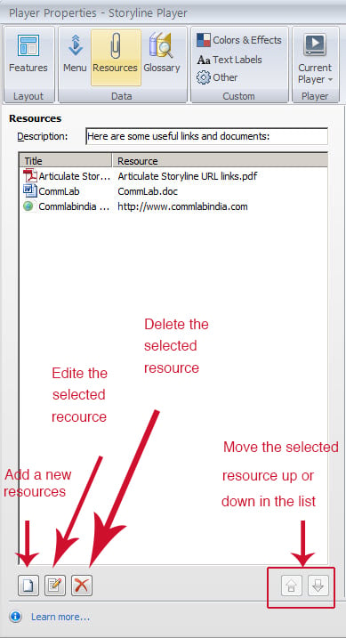 edit, delete or arrange the resources