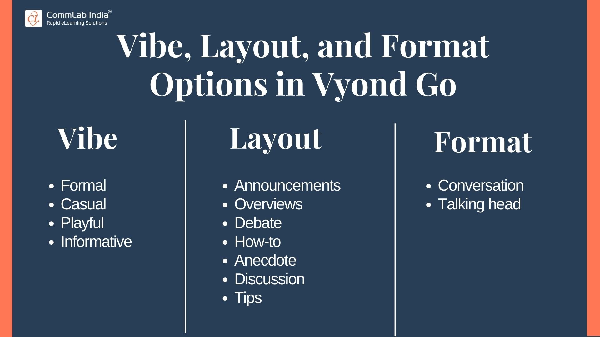 different options available for formats, layouts, and vibes